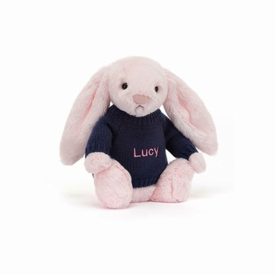 Jellycat Bashful Pink Conejo with Navy Jumper | VGWS-83976